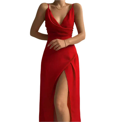 Gianna V-Neck Side-Slit Dress – Elegant Slim Fit for Day or Evening