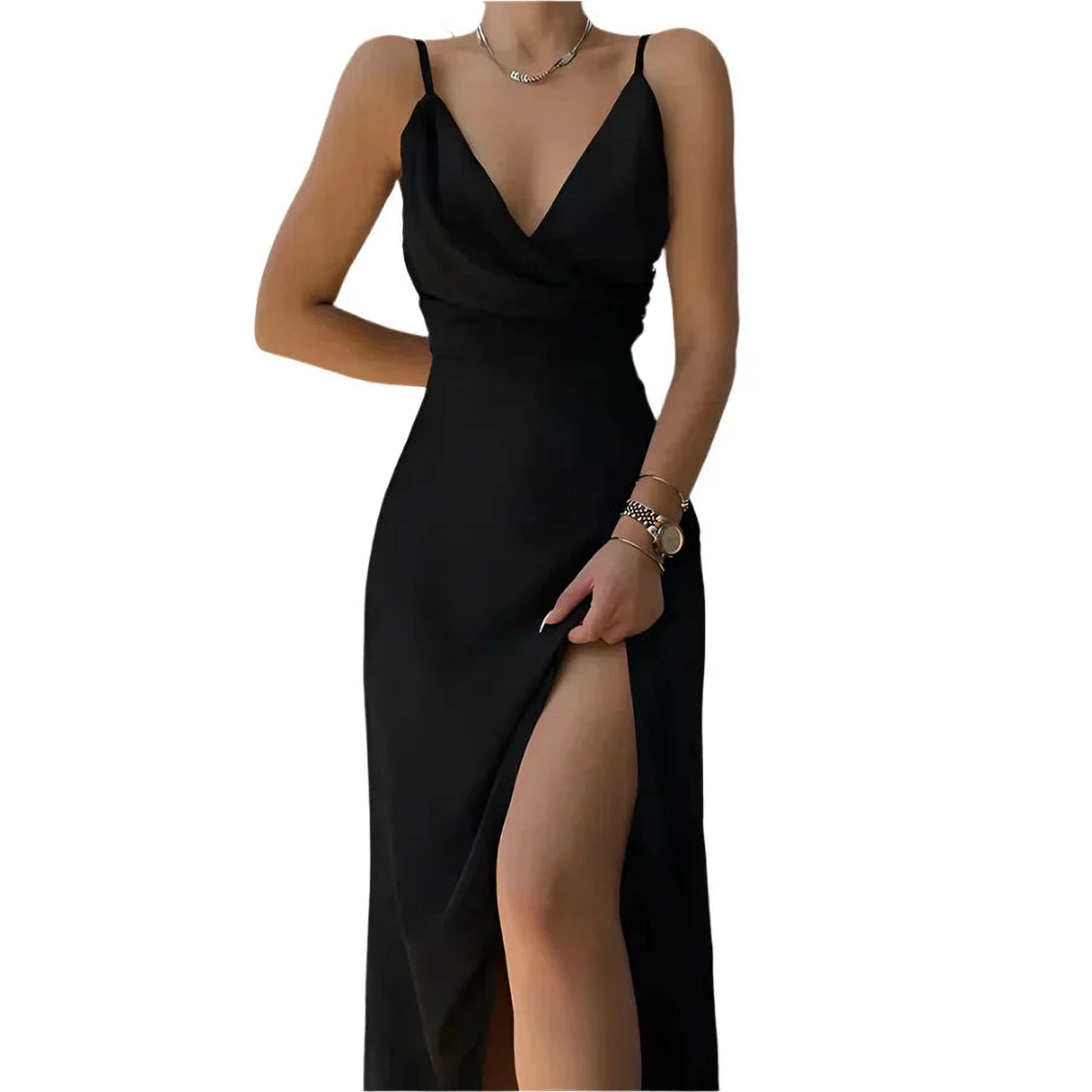 Gianna V-Neck Side-Slit Dress – Elegant Slim Fit for Day or Evening